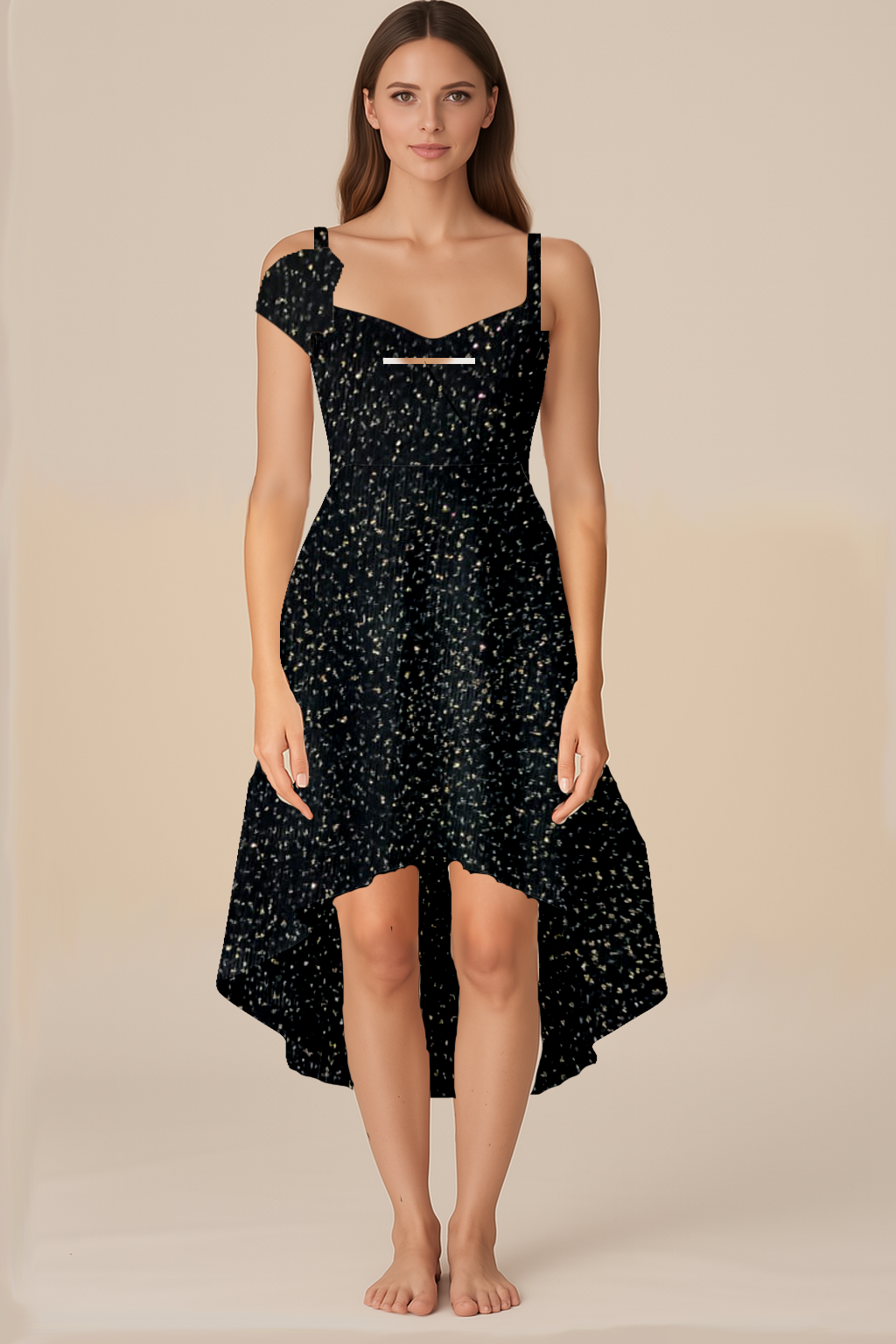 Dresses for Women | Wrapped Normal | Sweetheart | High-Low Knee | Cap One Shoulder | Glitter Net Black