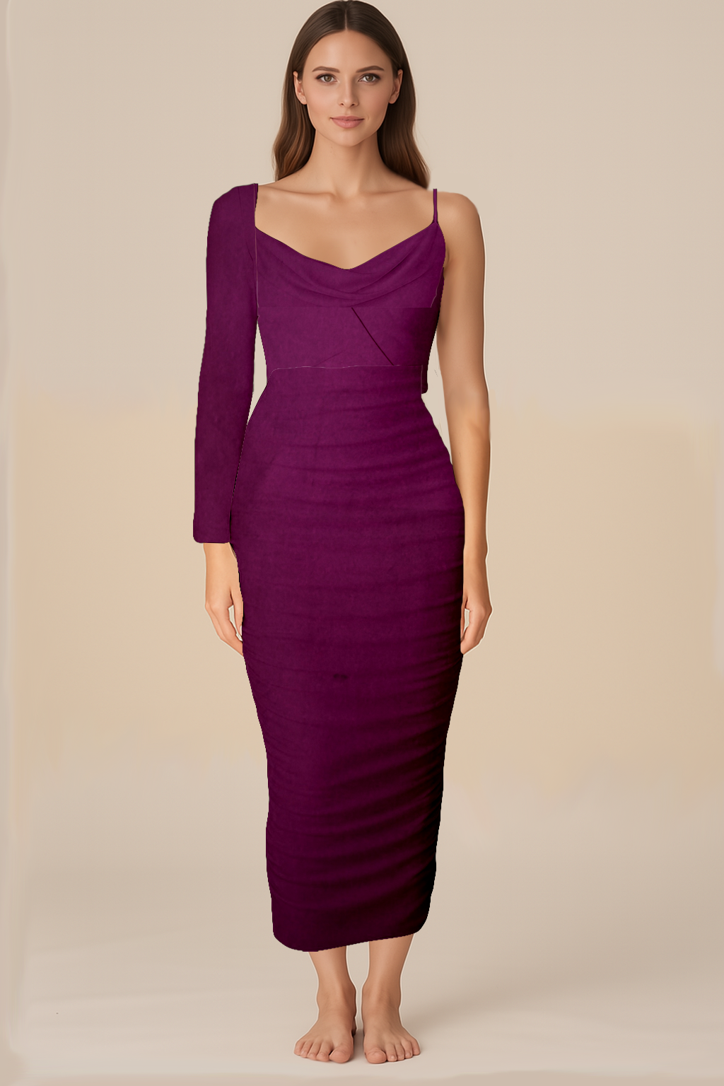 Dresses for Women | Wrapped Normal | Cowl | Bodycon Midi Wrinkled | One Shoulder Full | Satin Dark Purple