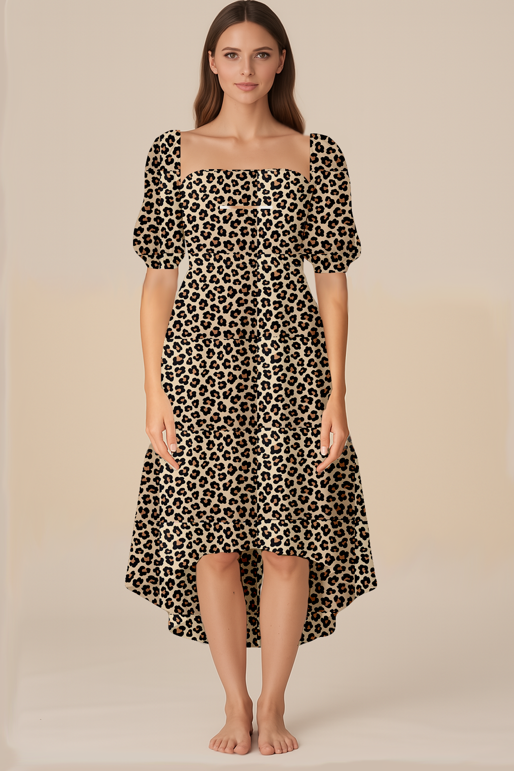 Dresses for Women | Wrapped Normal | Strapless | High-Low Midi | Bishop-Elbow | Nylon Spandex 4 Way Leopard