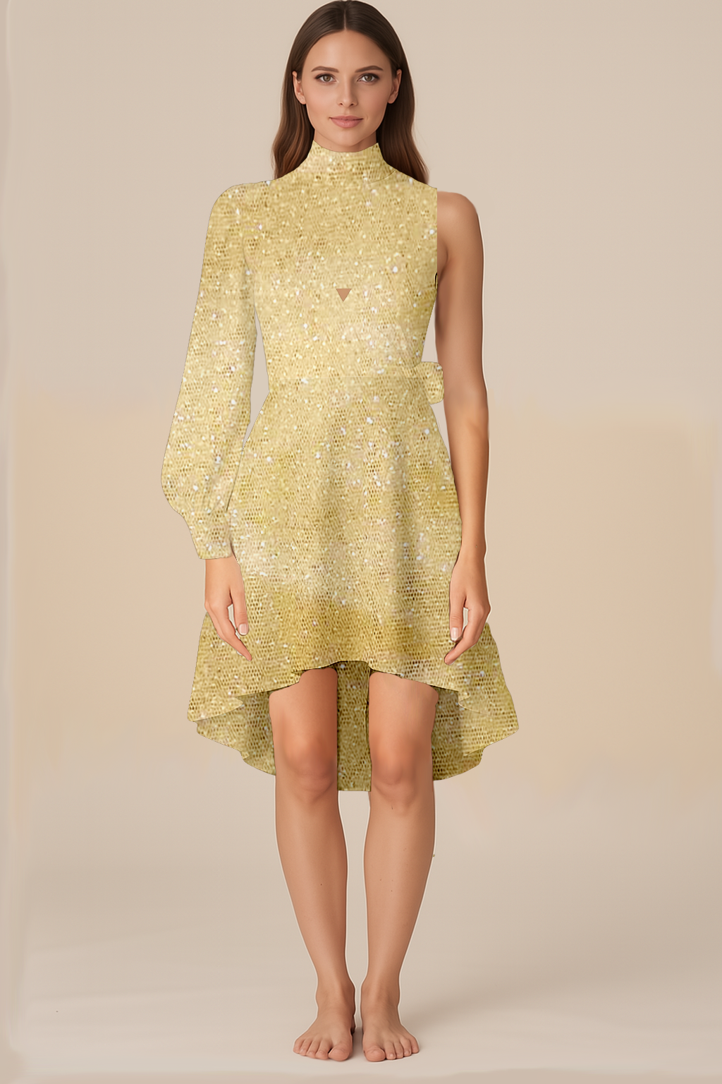 Dresses for Women | Wrapped Knot | Turtle | High-Low Short | One Shoulder Bishop Full | Glitter Net Gold