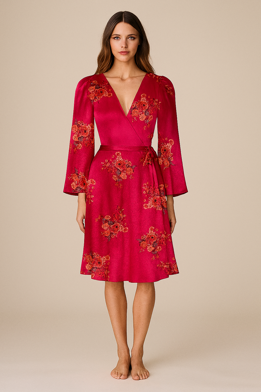 Dresses | Wrapped Knot | Plunging V | Flared Knee | Flared-Full Organza | Pink