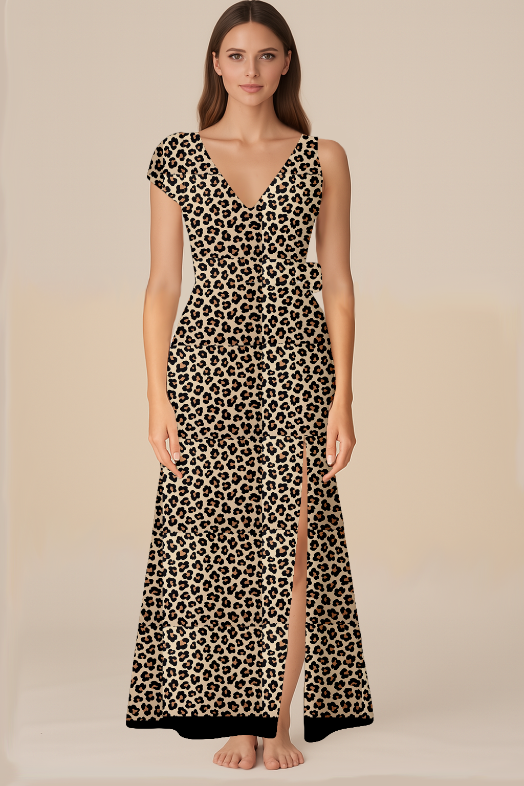 Dresses for Women | Wrapped Knot | Plunging V | A Line Full Slit | One Shoulder Cap | Nylon Spandex 4 Way Leopard