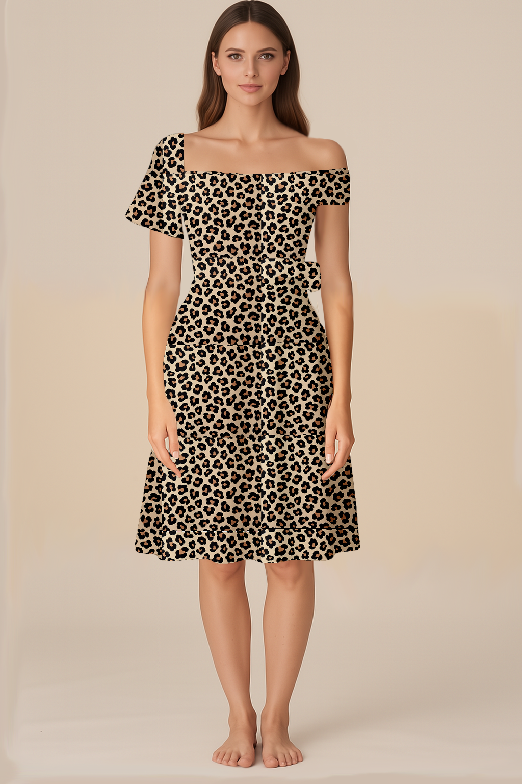 Dresses for Women | Wrapped Knot | Off Shoulder | Flared Knee | One Shoulder Flared Half | Nylon Spandex 4 Way Leopard