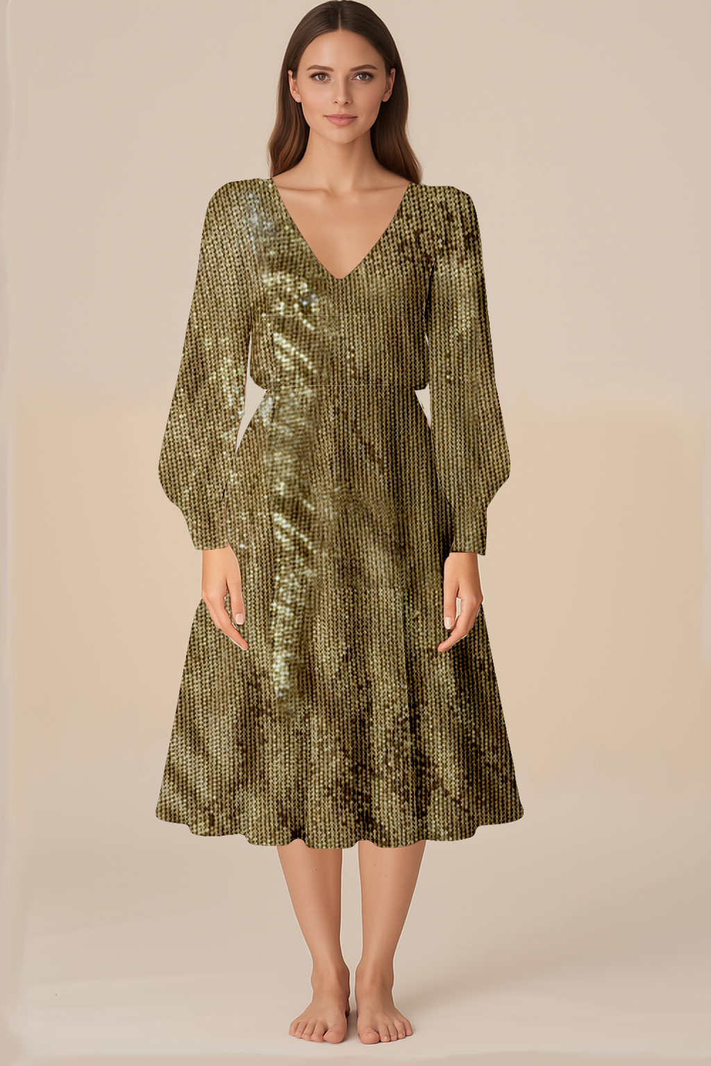 Dresses for Women | Blouson | V Neck | Flared Midi | Bishop-Full | Sequin Gold