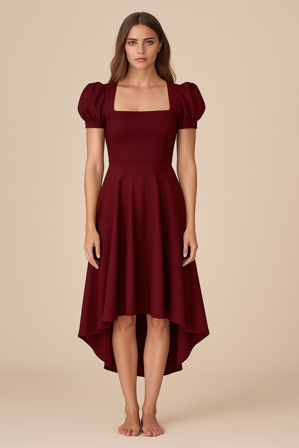 Dresses | Blouson | Trapezium | High-Low Knee | Puffed Velvet | Maroon