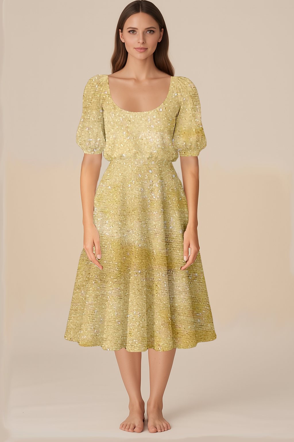 Dresses for Women | Blouson | Deep U | Flared Midi | Bishop-Elbow | Glitter Net Gold
