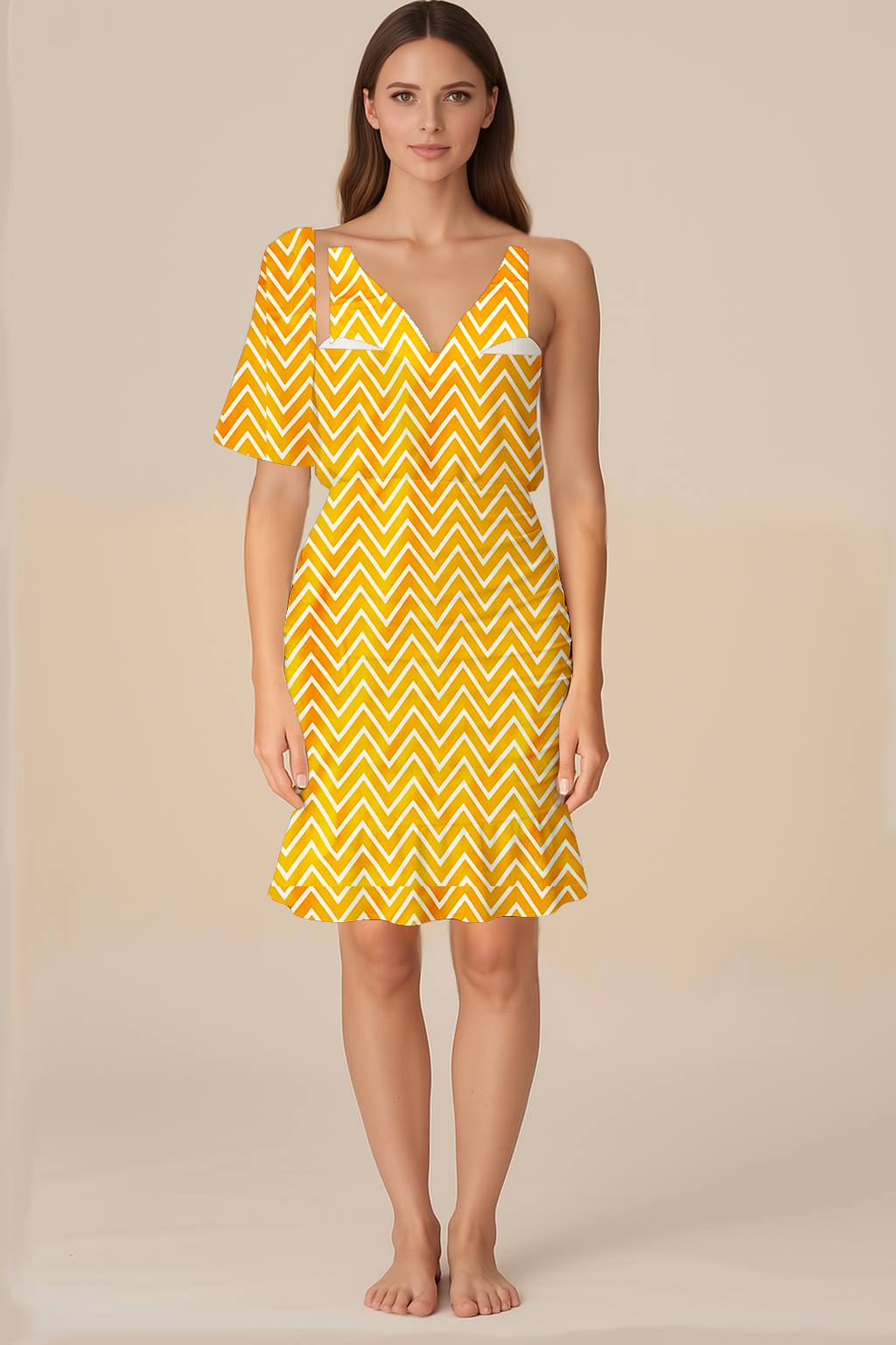Dresses for Women | Blouson | Leaf | Bodycon Ruffle Short | One Shoulder Flared Elbow | Crepe Yellow zigzag