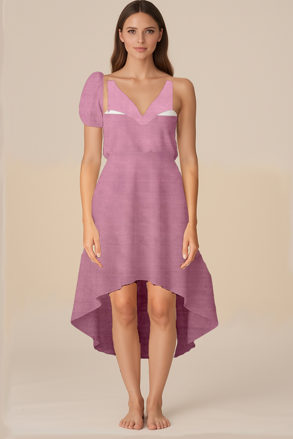 Dresses for Women | Blouson | Leaf | High-Low Knee | One Shoulder Puffed | Silk Pink