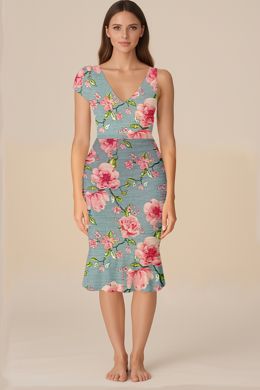 Dresses for Women | Empire | V Neck | Bodycon Ruffle Knee | One Shoulder Cap | Cotton Floral print