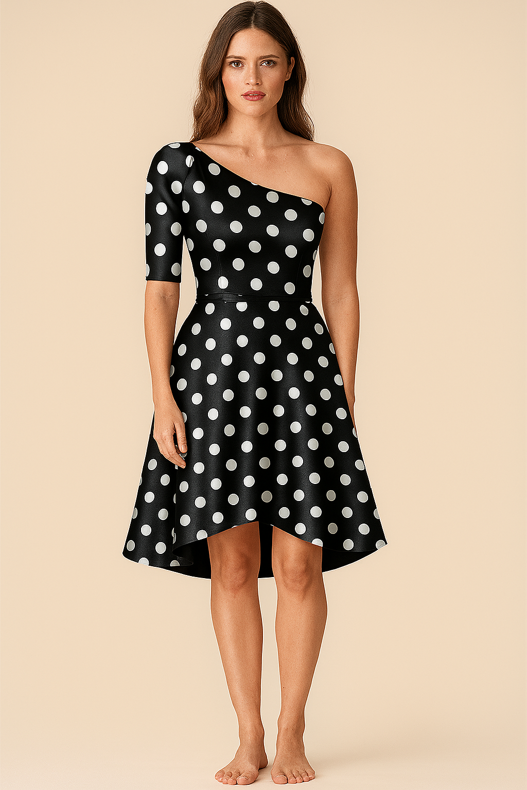 Dresses | Empire | One Shoulder | A Line Short | One Shoulder Elbow Satin | Black Polka