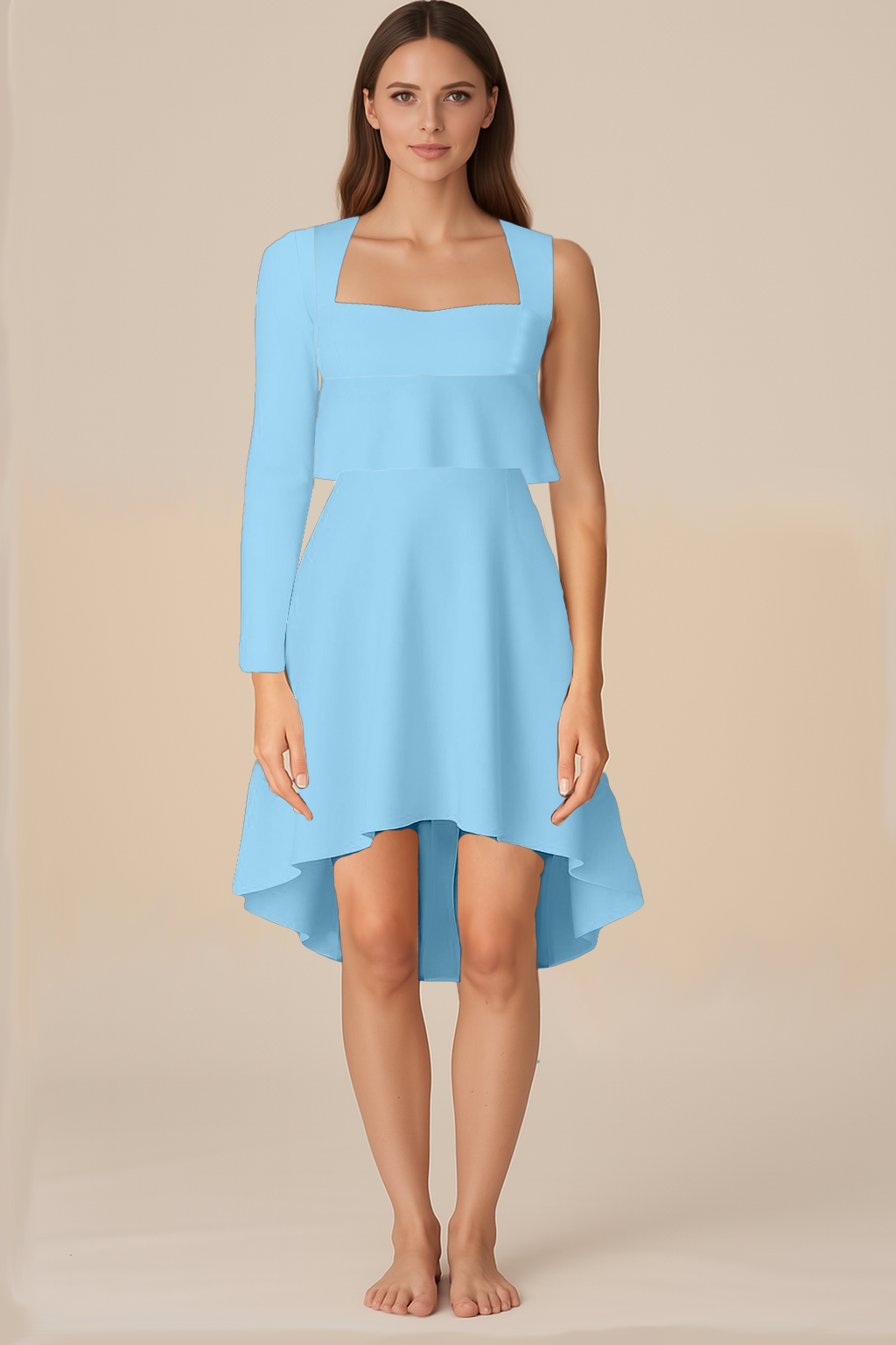 Dresses for Women | Flared | Trapezium | High-Low Short | One Shoulder Full | Crepe Baby Blue
