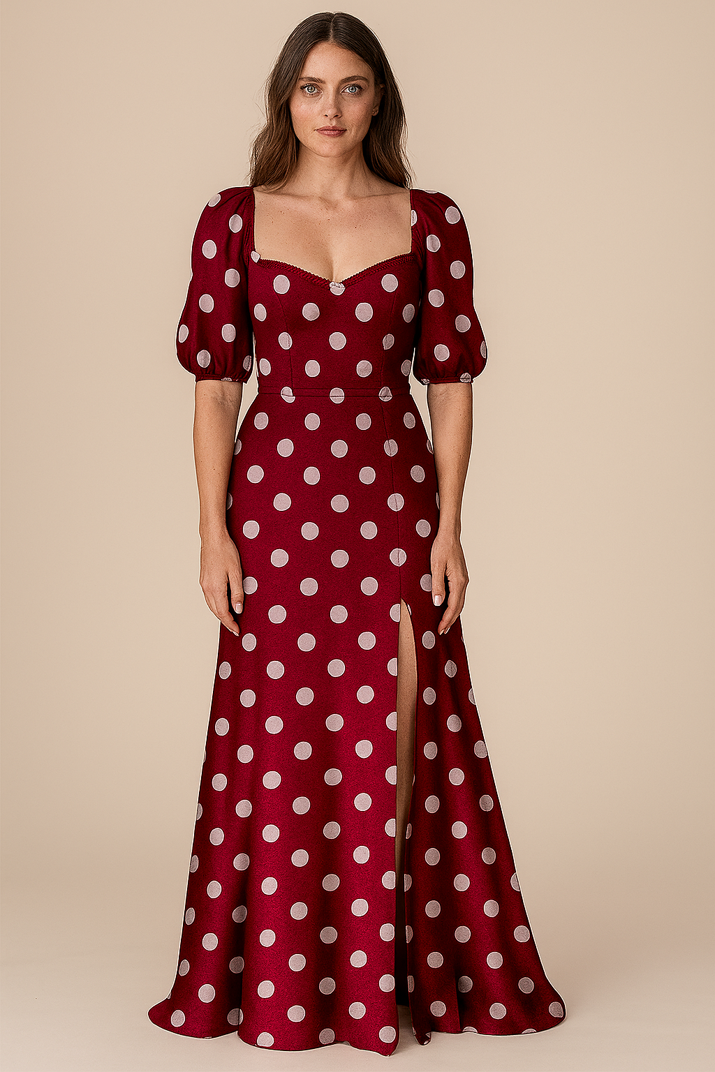 Dresses | Flared | Sweetheart | Flared Full Slit | Bishop-Elbow Crepe | Maroon Polka