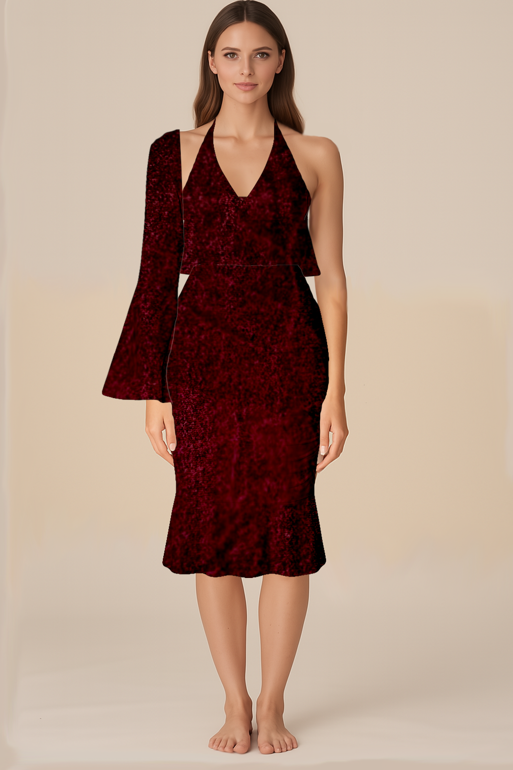 Dresses for Women | Flared | Halter-V | Bodycon Ruffle Knee | One Shoulder Flared Full | Velvet Maroon