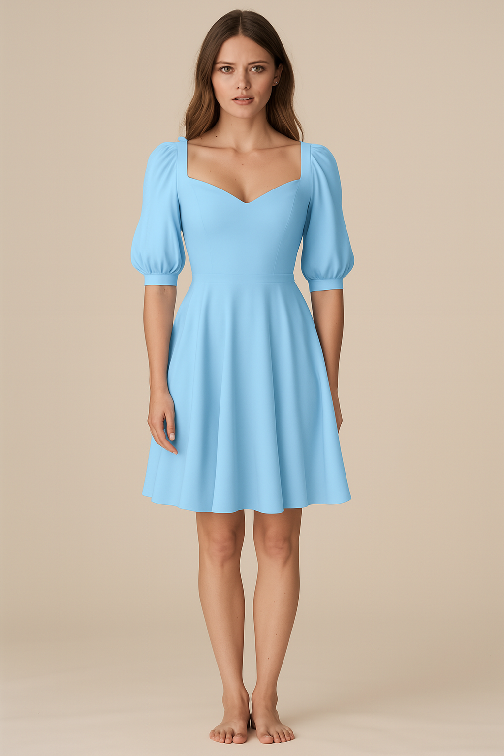 Dresses | Natural | Sweetheart | Flared Short | Bishop-Elbow Crepe | Baby Blue