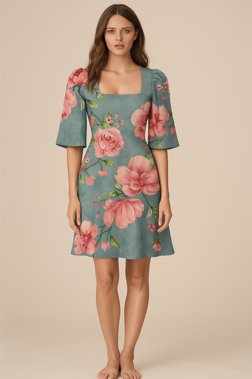 Dresses | Natural | Square | Flared Short | Flared-Elbow Cotton | Floral print