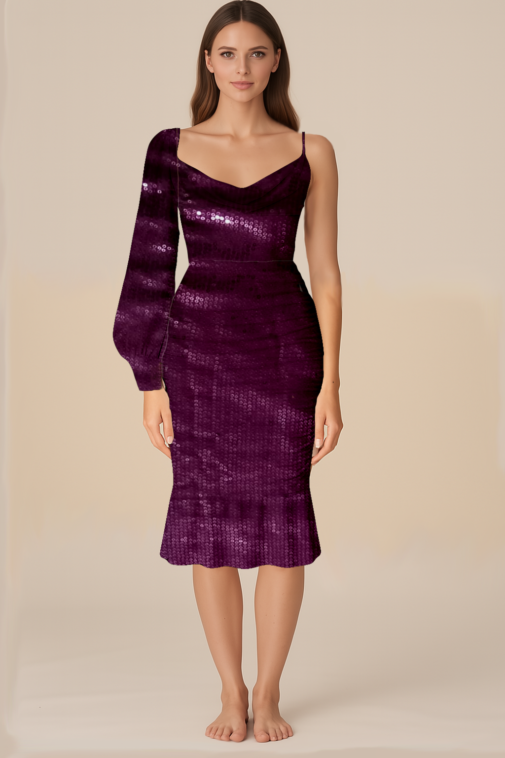 Dresses for Women | Natural | Cowl | Bodycon Ruffle Knee | One Shoulder Bishop Full | Sequins Violet