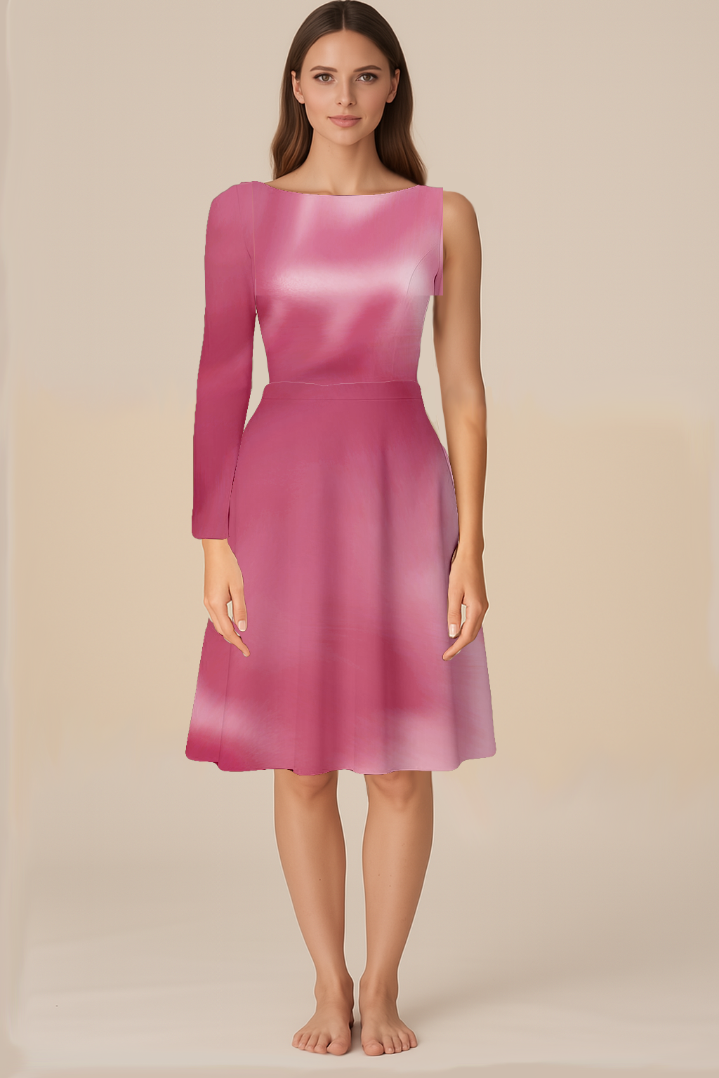 Dresses for Women | Natural | Boat | Flared Knee | One Shoulder Full | Satin Mauve Pink