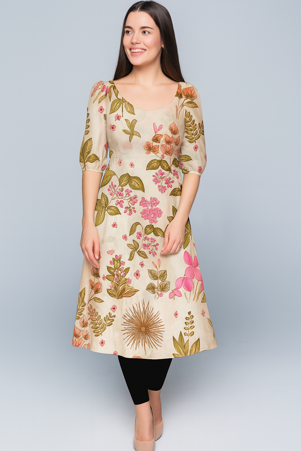 Kurtis | Cinched | U | Alia Cut Midi | Bishop Elbow Cotton | Floral