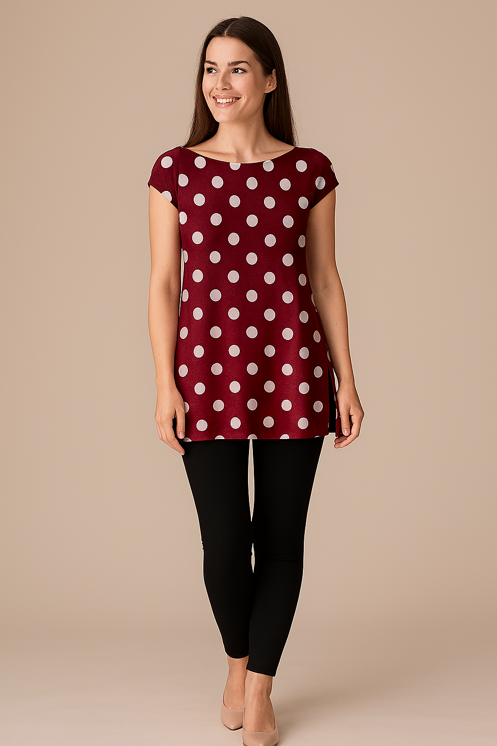 Kurtis | Natural | Boat | Straight Short | Cap Crepe | Maroon Polka