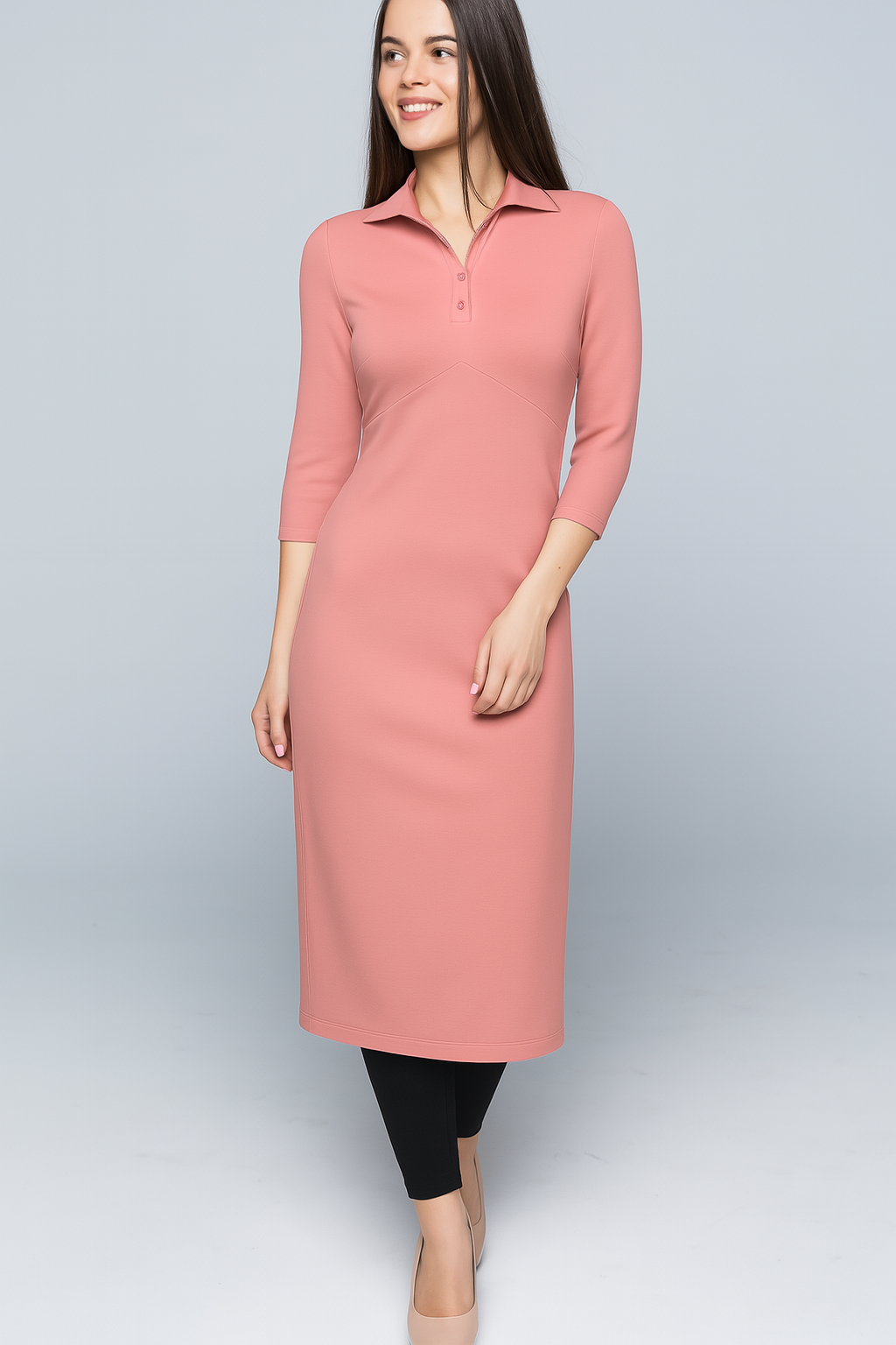 Kurtis | Natural | Collar With Buttons | Straight Midi | Bracelet Polyester | Pastel Pink