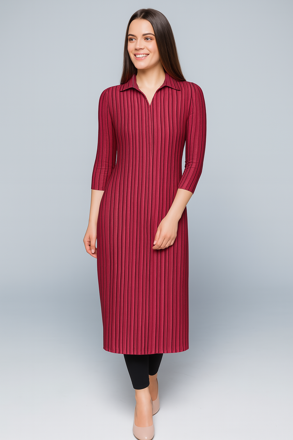 Kurtis | Natural | Collar With Buttons | Straight Midi | Bracelet Georgette | Pleated Pink