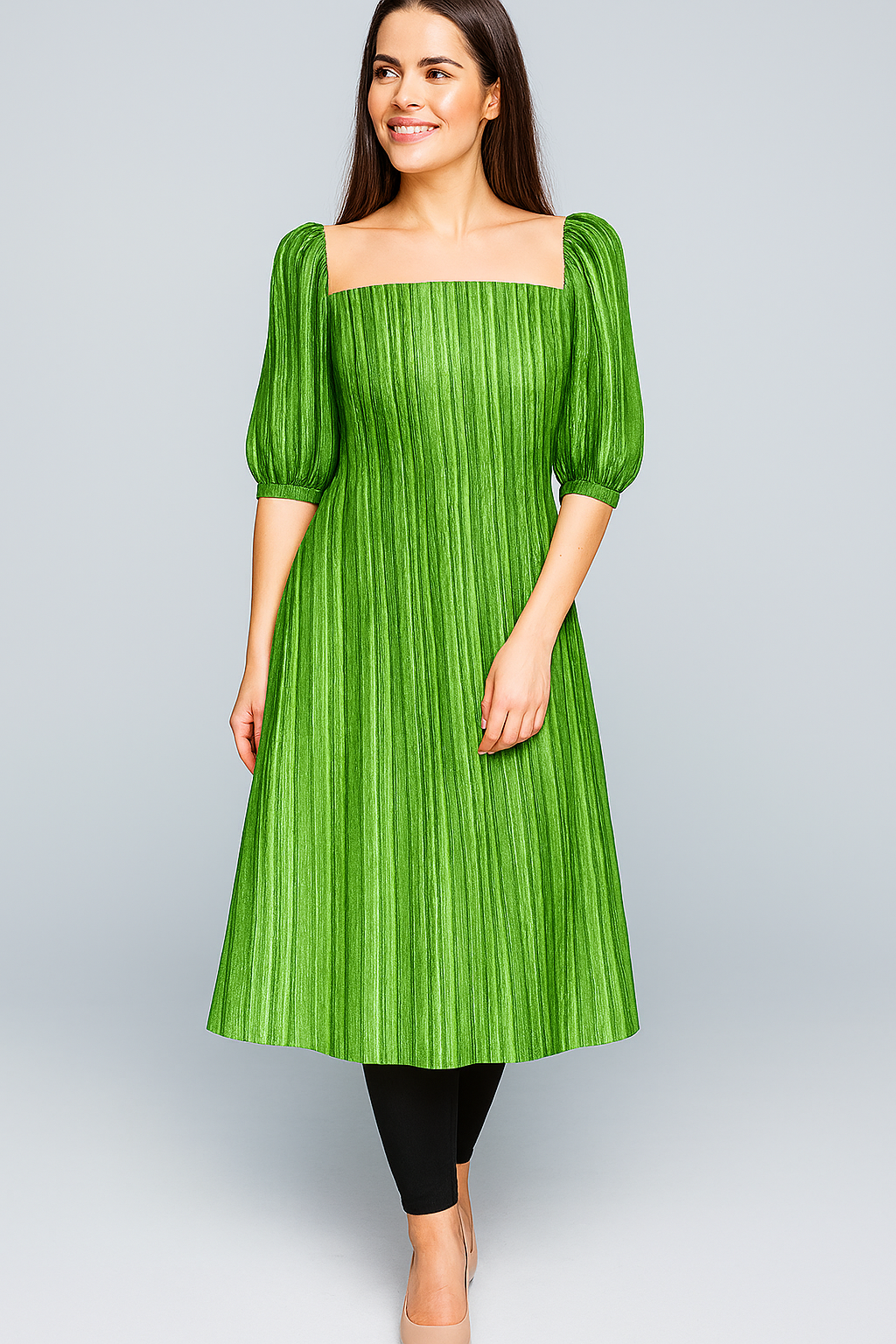 Kurtis | Natural | Off Shoulder | Alia Cut Midi | Bishop Elbow Pleated Georgette | Pista Green