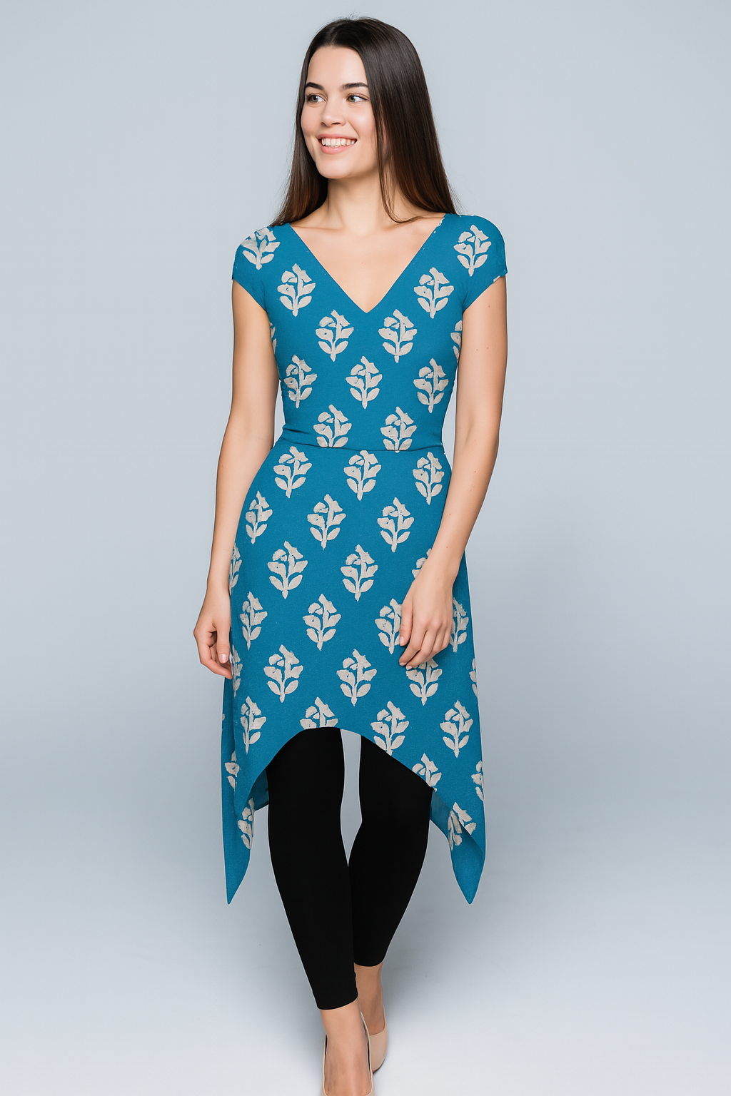 Kurtis | Natural | Plunging V | Asymmetric Knee | Cap Cotton | Blue Block Print