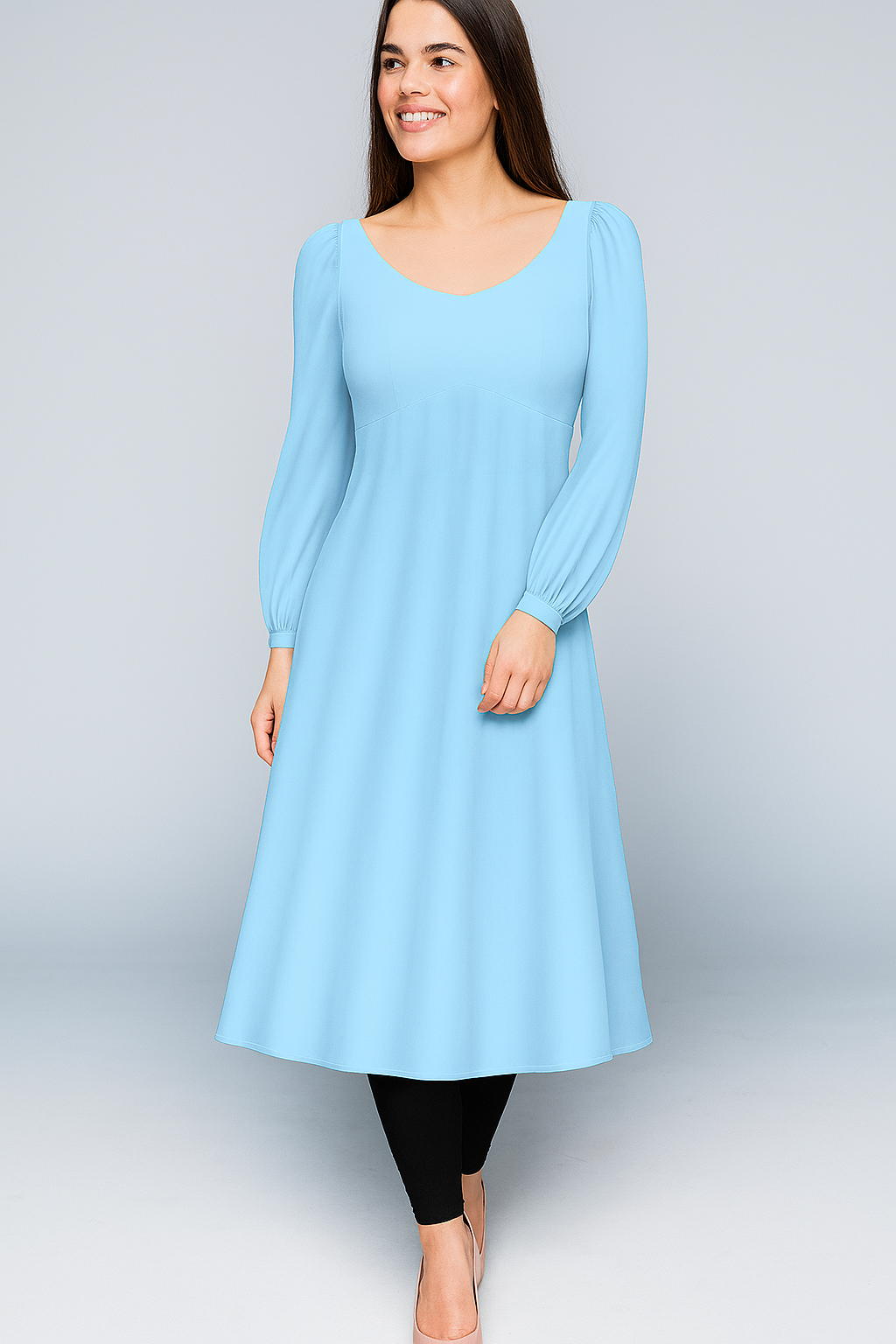 Kurtis | Natural | Round | Flared Midi | Bishop Full Crepe | Baby Blue