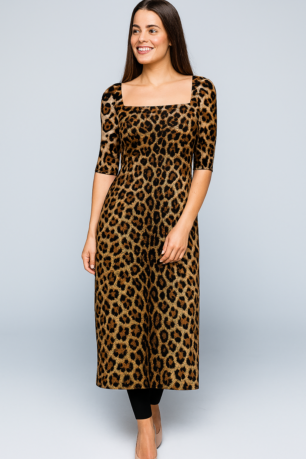 Kurtis | Natural | Square | Straight Midi | Elbow Satin | Leopard