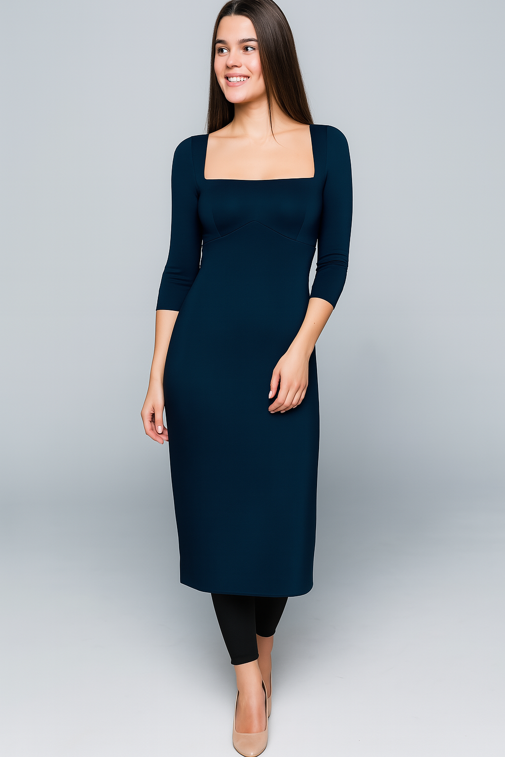 Kurtis | Natural | Trapezium | Straight Midi | Bracelet Satin | Petrol Blue
