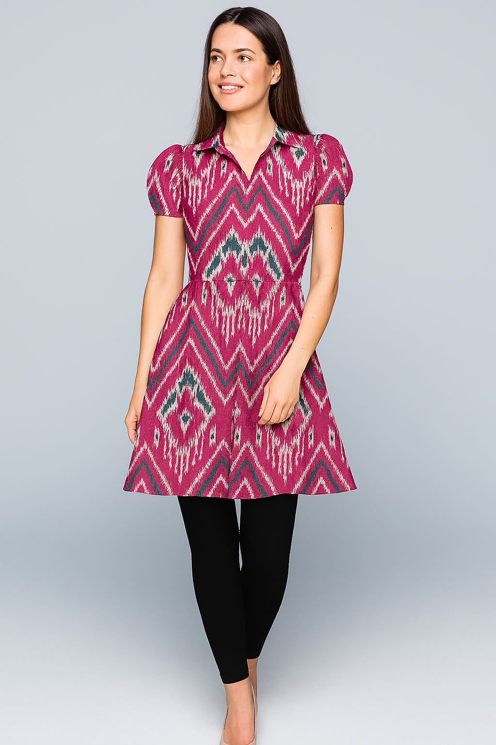 Kurtis | Wrapped With Knot | Collar | Umbrella Short | Puffed Cotton | Ikat Pink