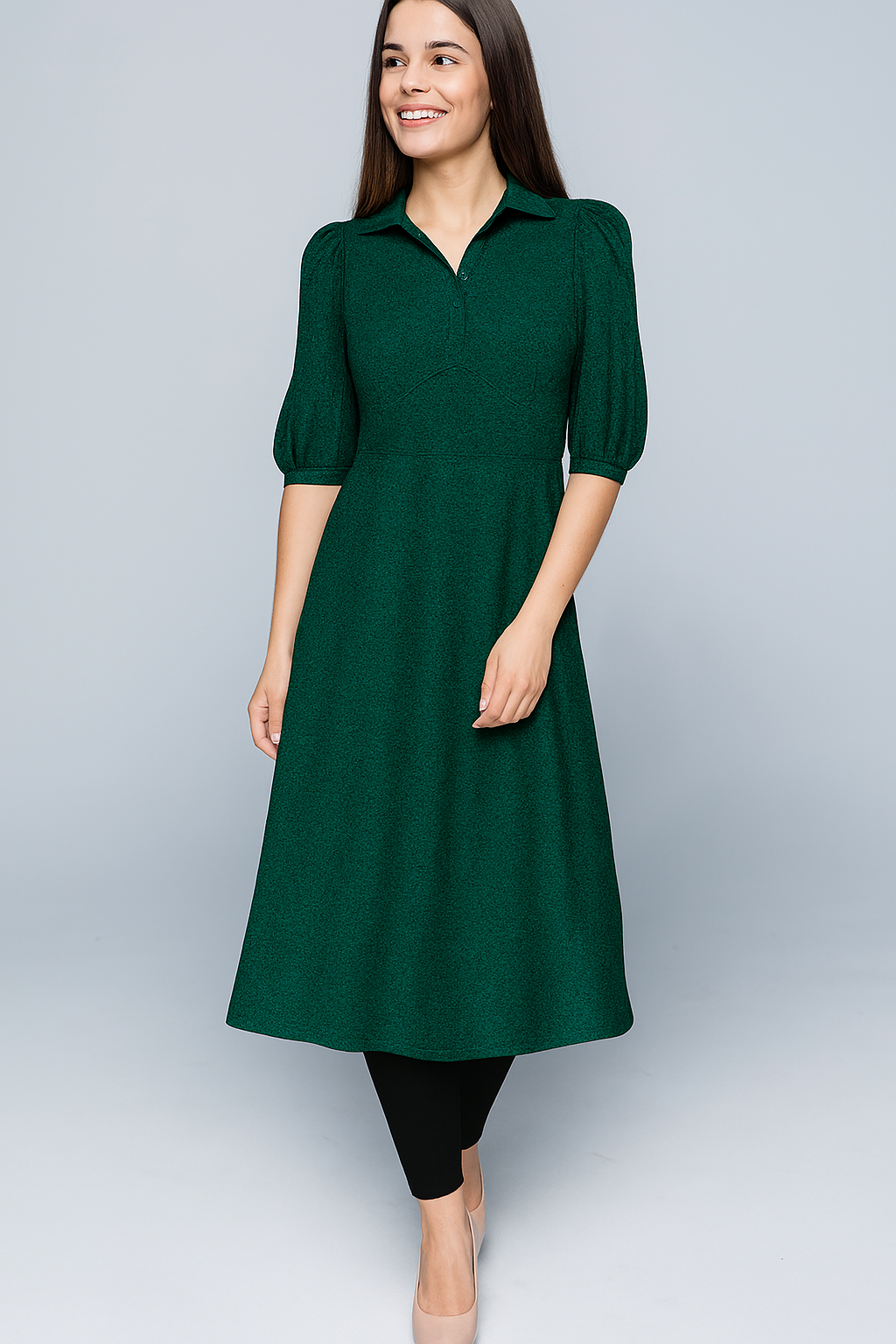 Kurtis | Wrapped | Collar With Buttons | Flared Midi | Bishop Elbow Velvet | Green