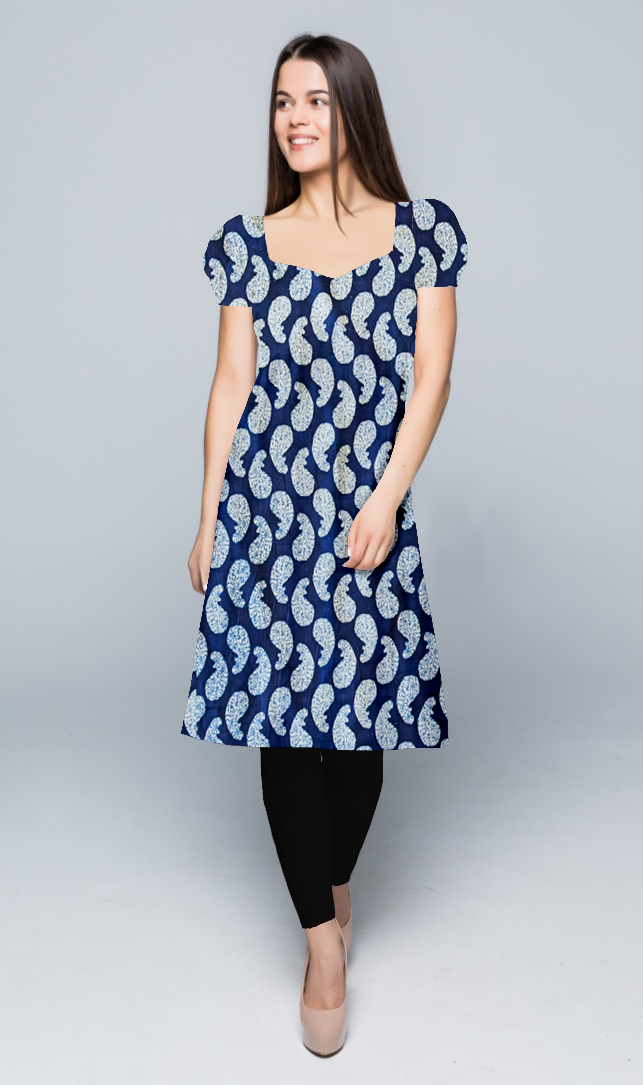 Kurtis for Women | Wrapped | Princess | Alia Cut Knee | Puffed | Cotton Indigo block print