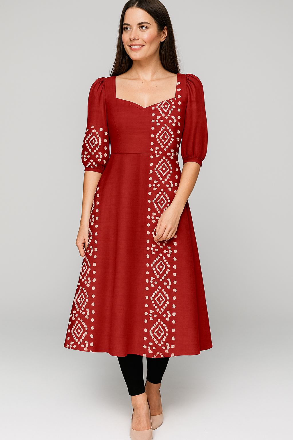 Kurtis | Wrapped | Princess | Alia Cut Midi | Bishop Elbow Cotton | Ikat Brick Red