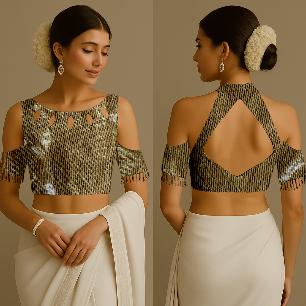 Blouse for Women | Boat With Cutout | Halter With Cutout | Shoulder Cut With Tassels | Sequin Gold
