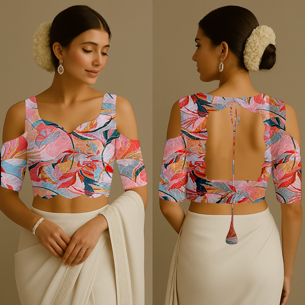 Blouse for Women | Sweetheart With Scallop Bottom | Square Scallop With Tassels | Shoulder Cut Elbow | Georgette Tropical pink