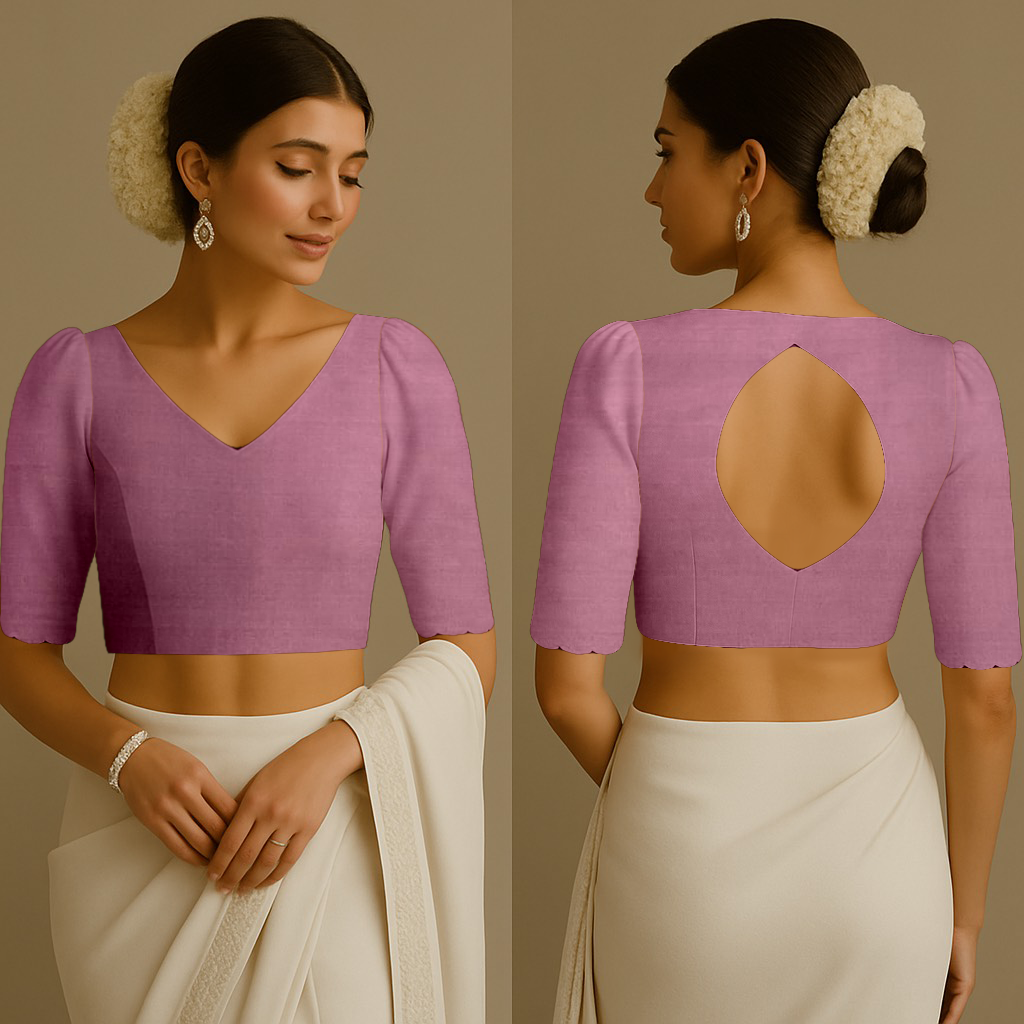 Blouse for Women | V | Boat With Big Keyhole | Puff With Scallop | Silk Pink