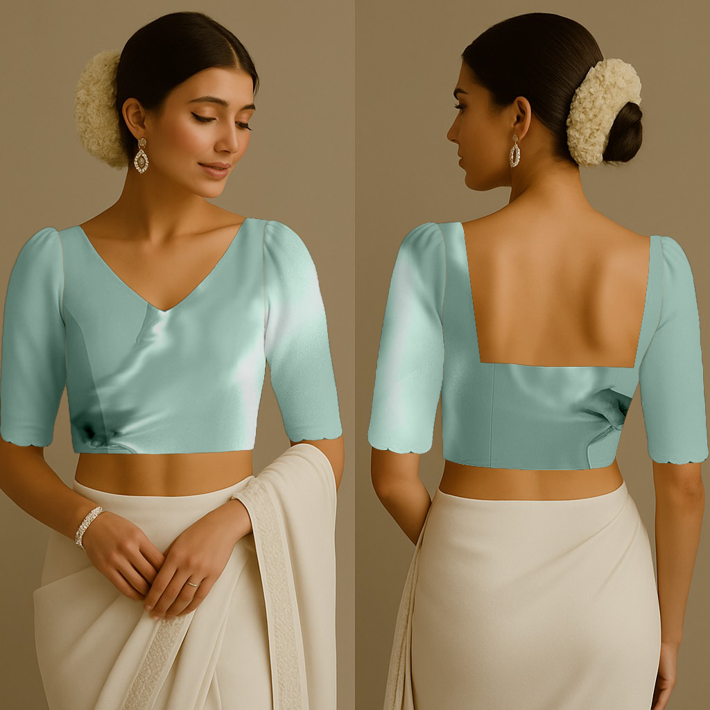 Blouse for Women | V | Square | Puff With Scallop | Satin Pale turquoise
