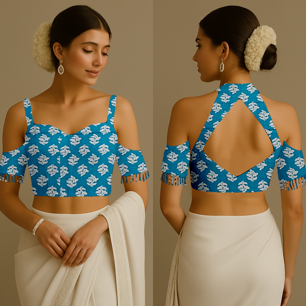 Blouse for Women | Corset | Halter With Cutout | Shoulder Cut With Tassels | Cotton Blue Block Print