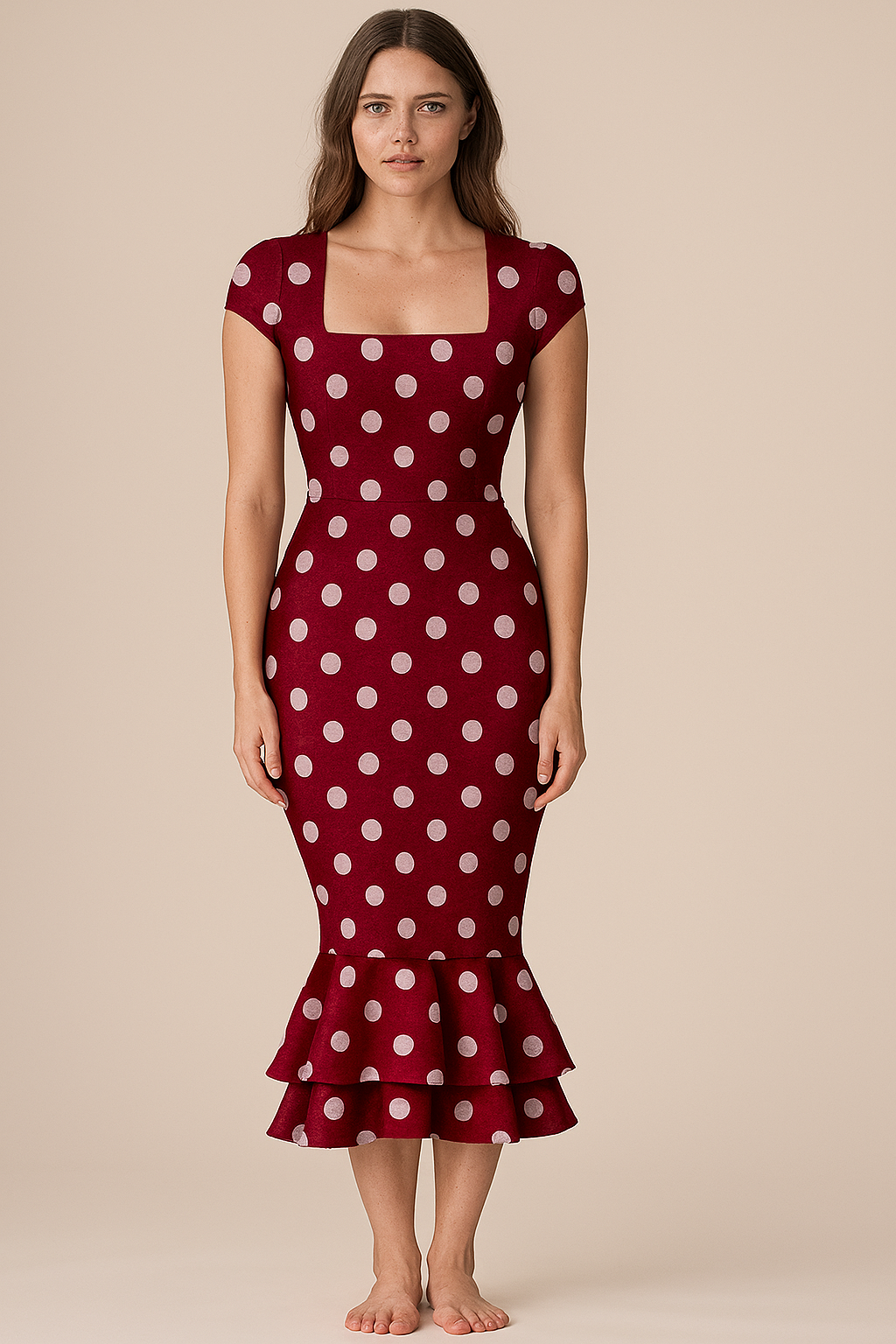 Bodycons | Natural | Square | Bodycon Ruffle Midi | Cap Crepe | Maroon Polka
