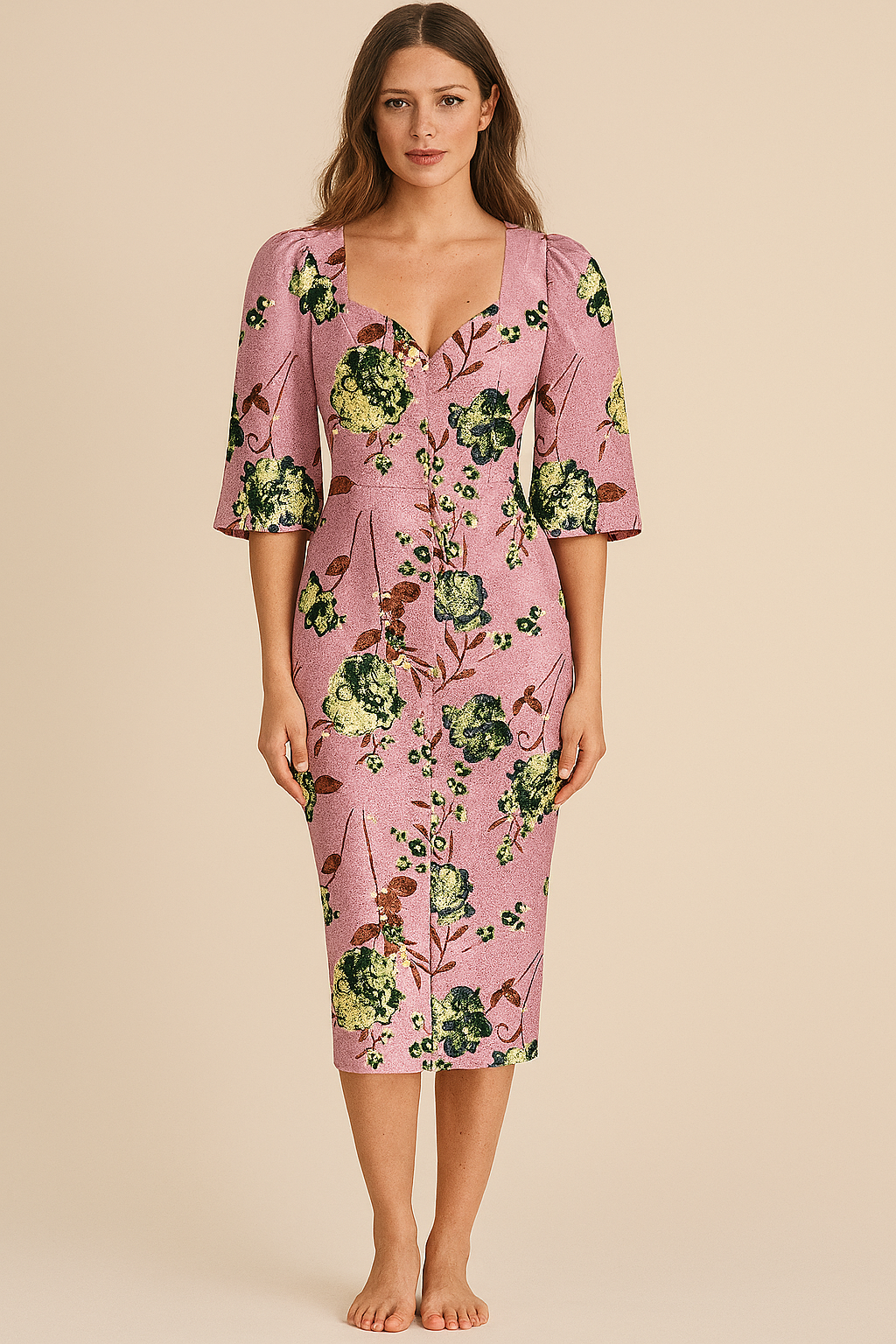 Bodycons | Natural | Princess | Bodycon Midi Wrinkled | Flared-Elbow Rayon | Mauve floral