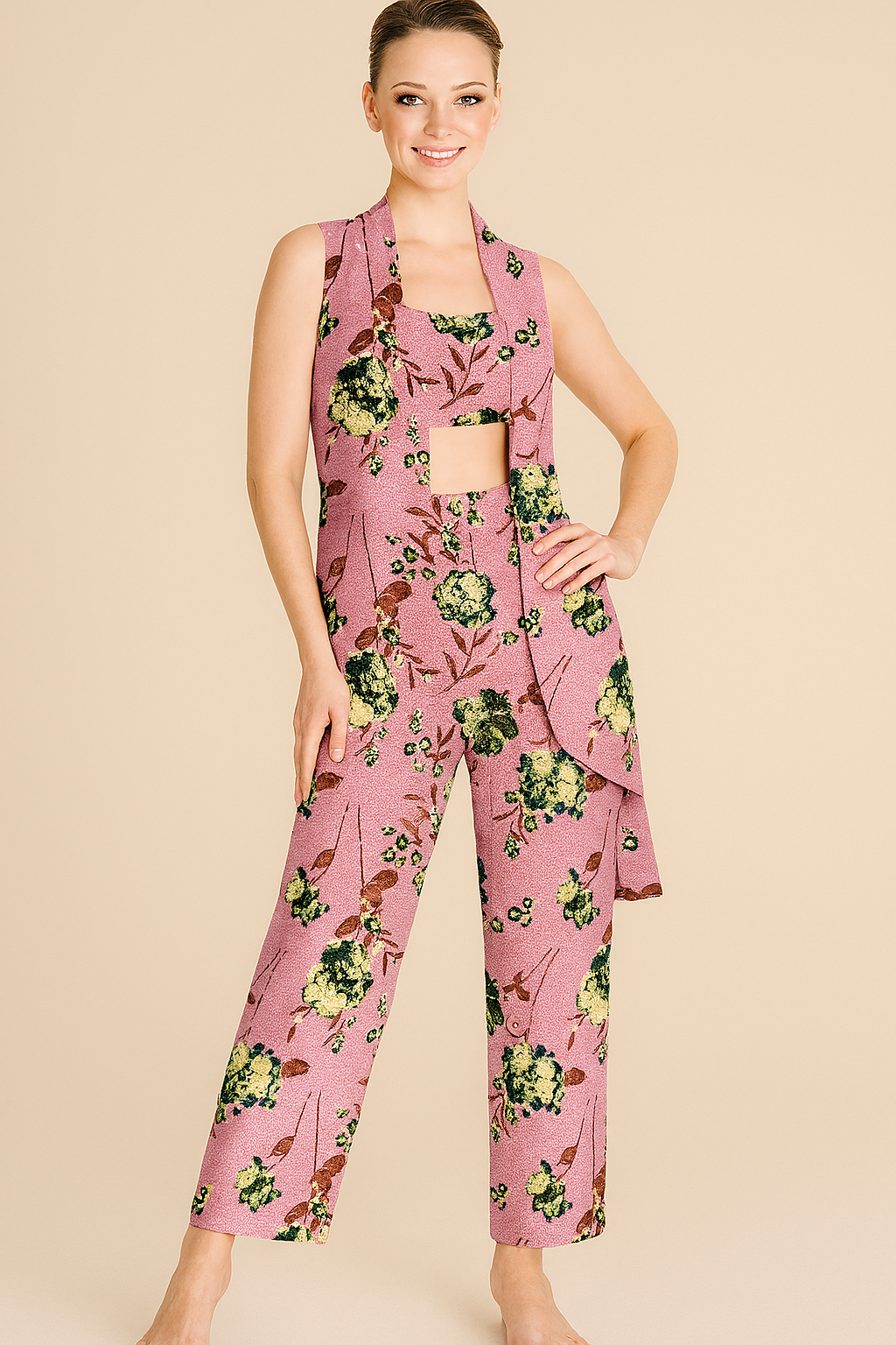 Co-Ord Sets | Straight Top | 3-piece less Rayon | Mauve floral