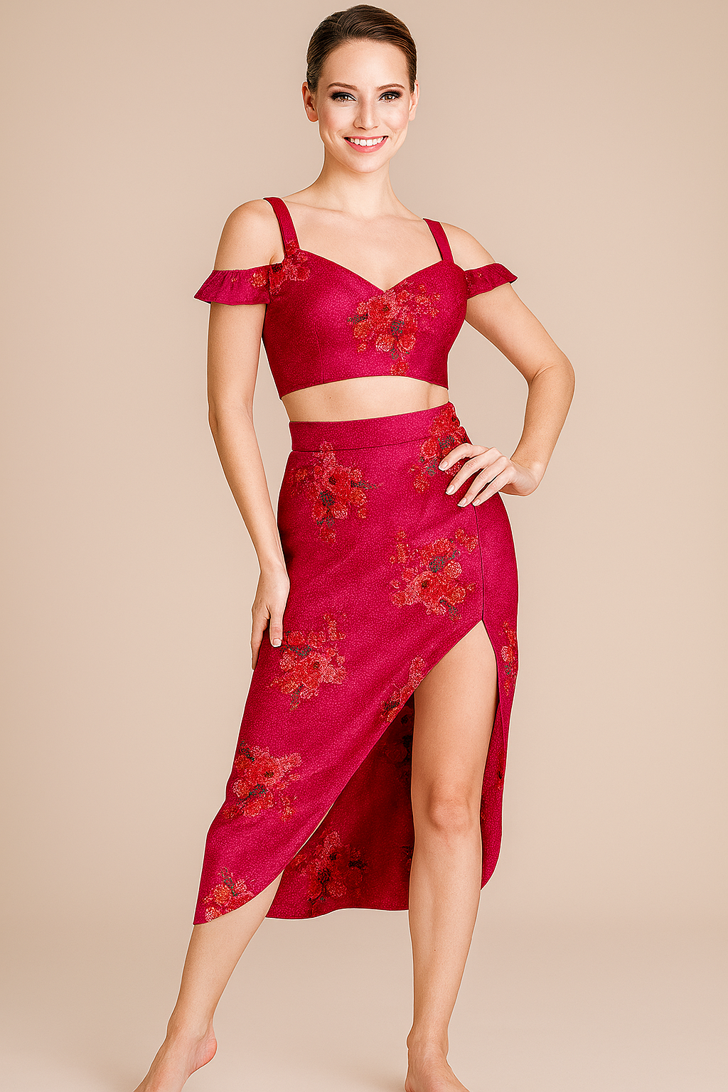 Co-Ord Sets | Skirt Bodycon Top | Crop Strappy Organza | Pink