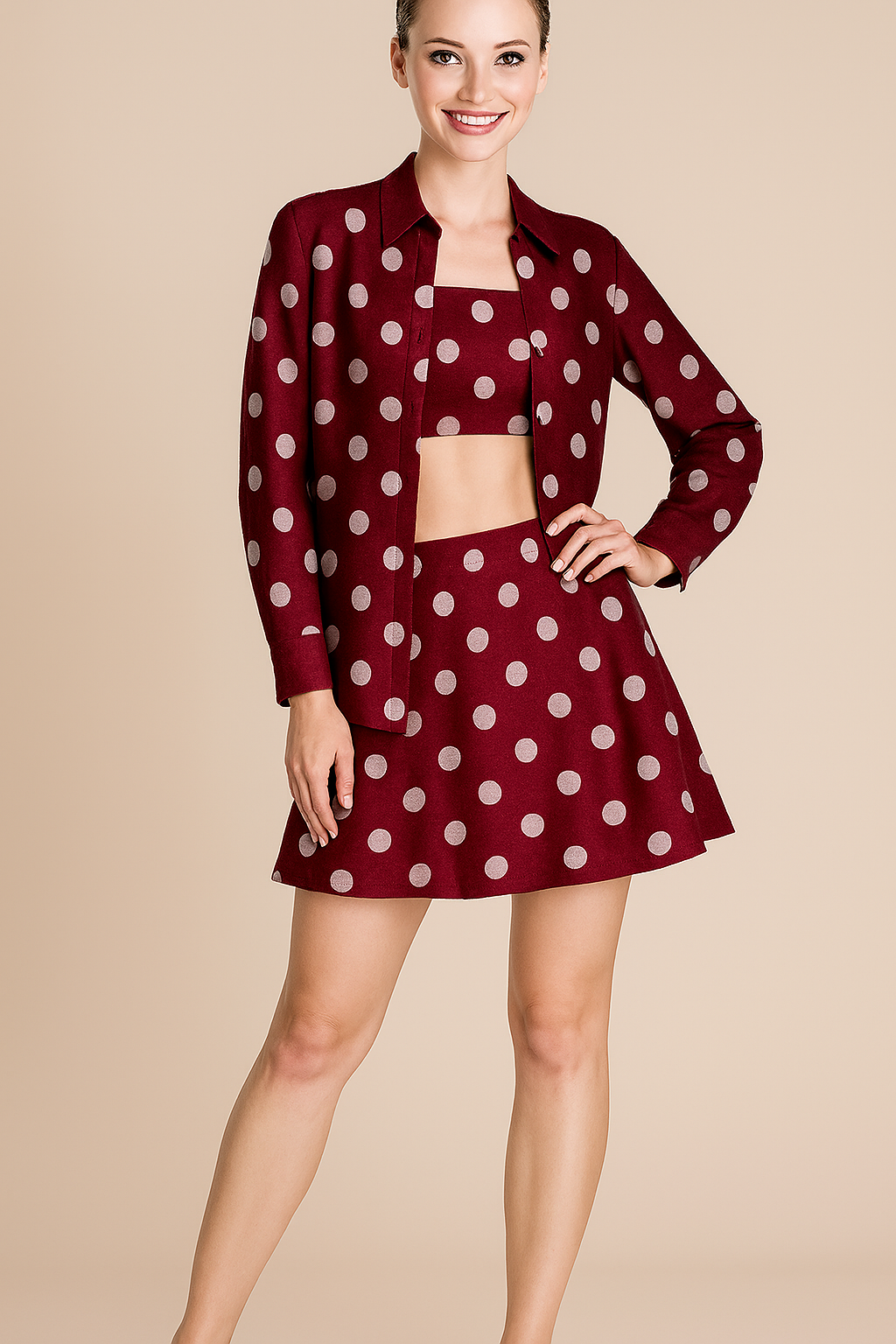Co-Ord Sets | Skirt A-line Top | 3-piece Full Crepe | Maroon Polka