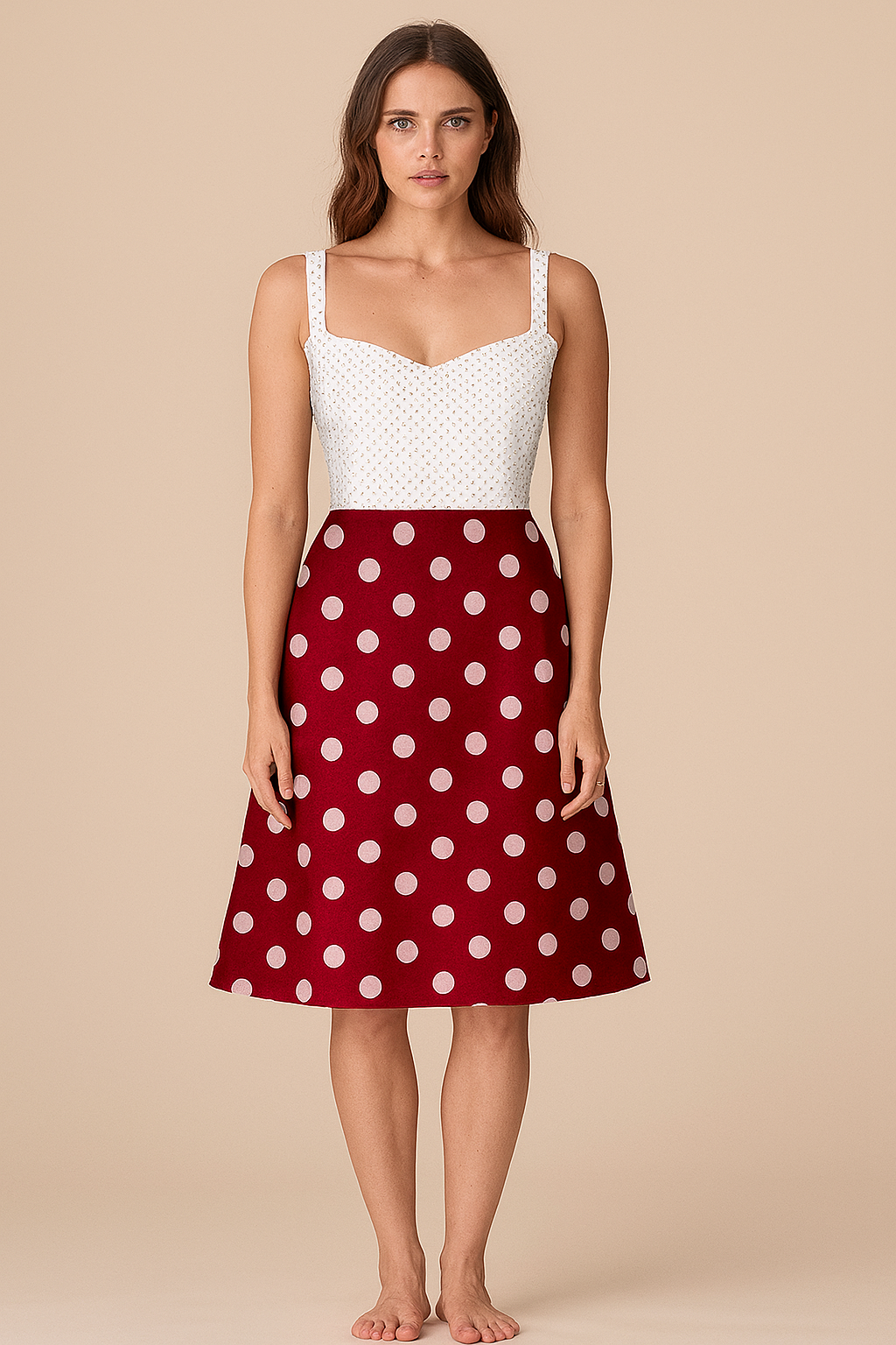 Skirts | A Line Knee Crepe | Maroon Polka