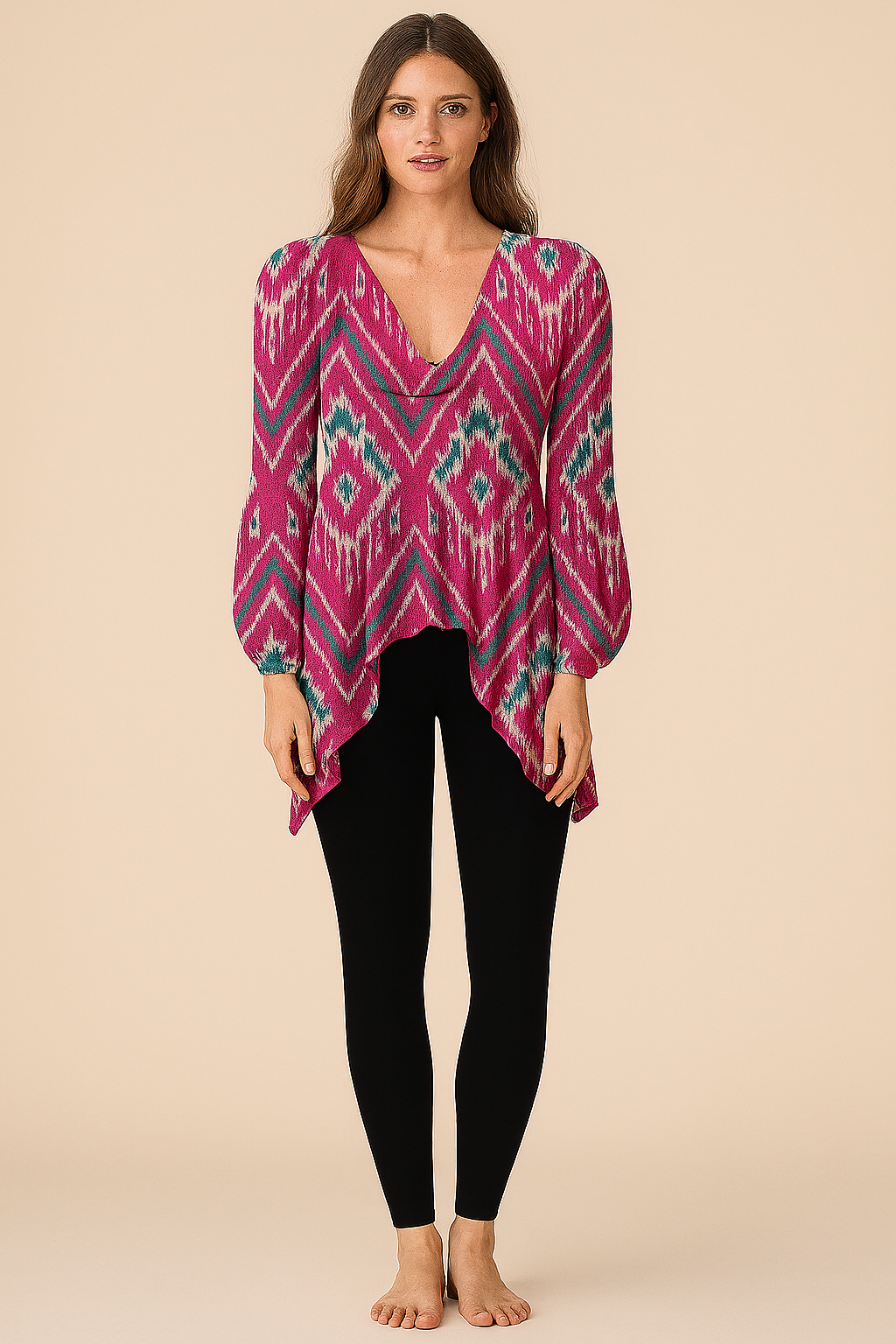 Tops | Asymmetric | Plunging V | Bishop-Full Cotton | Ikat Pink