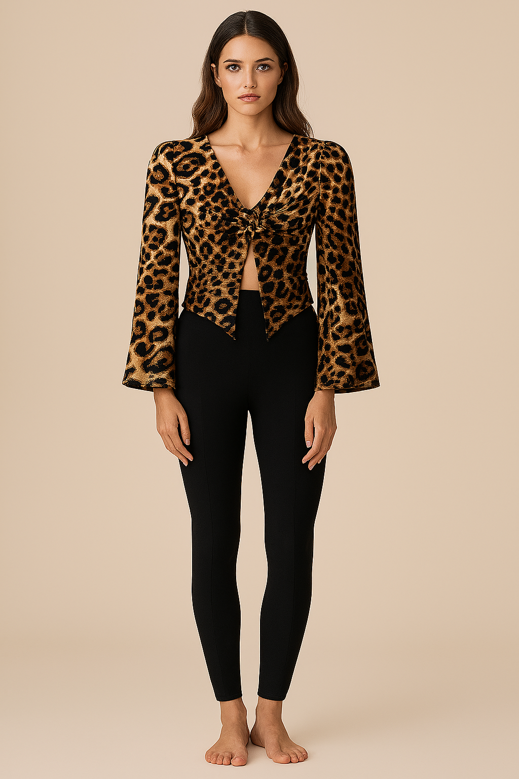 Tops | Knotted Ruffle Slit | Plunging V | Flared-Full Satin | Leopard