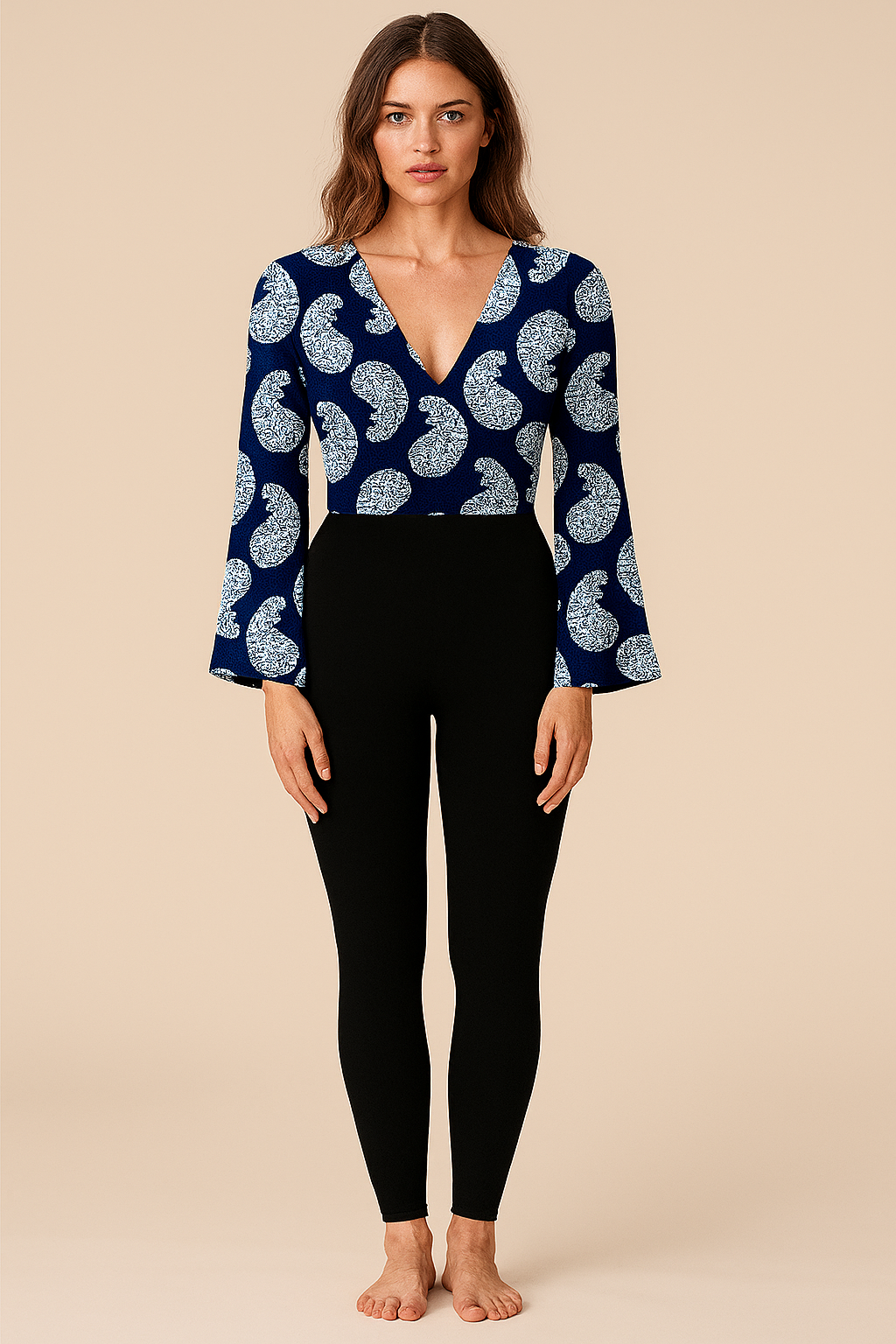 Tops | Lower Knot | Plunging V | Flared-Full Cotton | Indigo block print