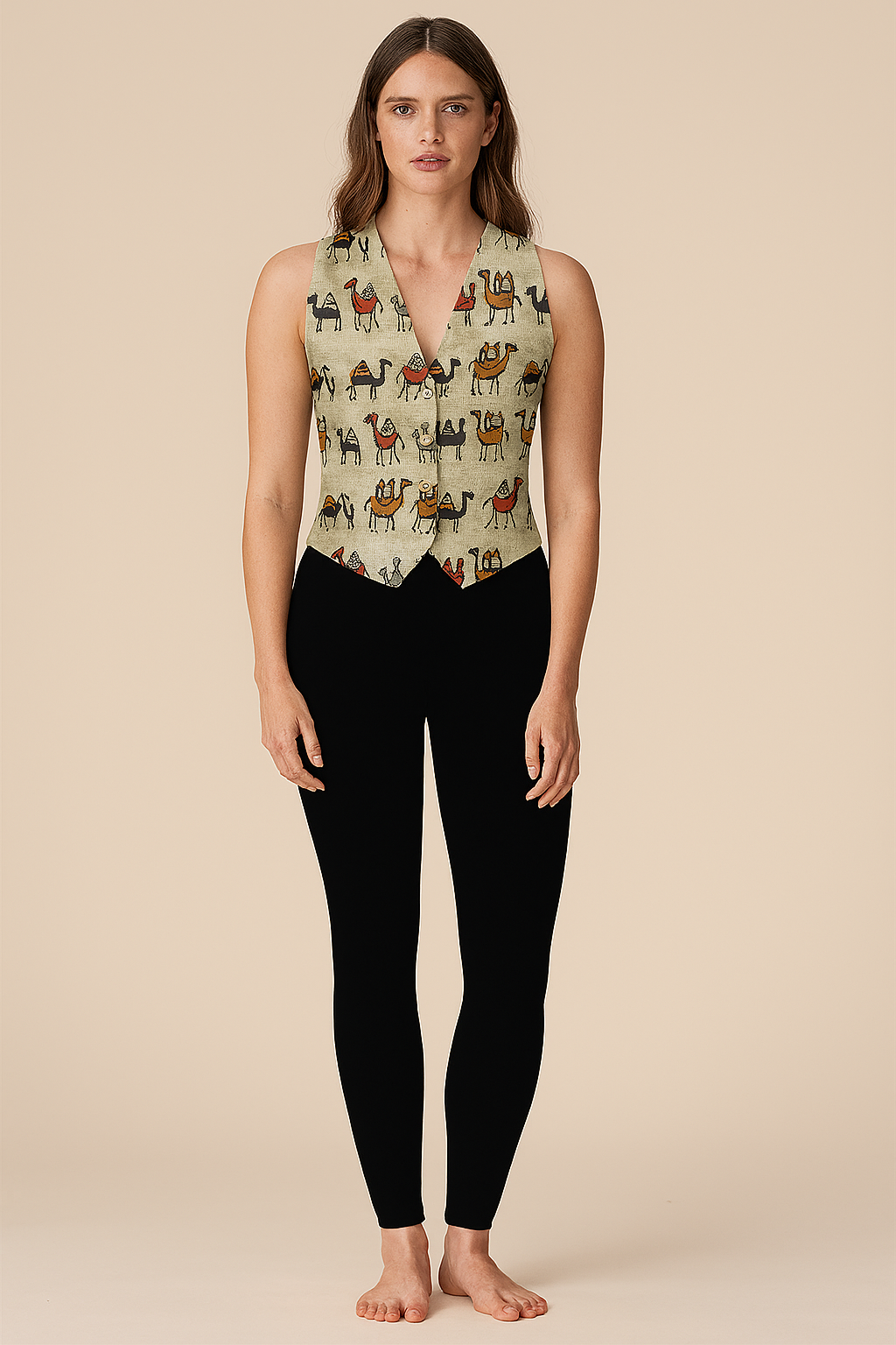 Tops | Vest | Plunging V | Cotton | Camels