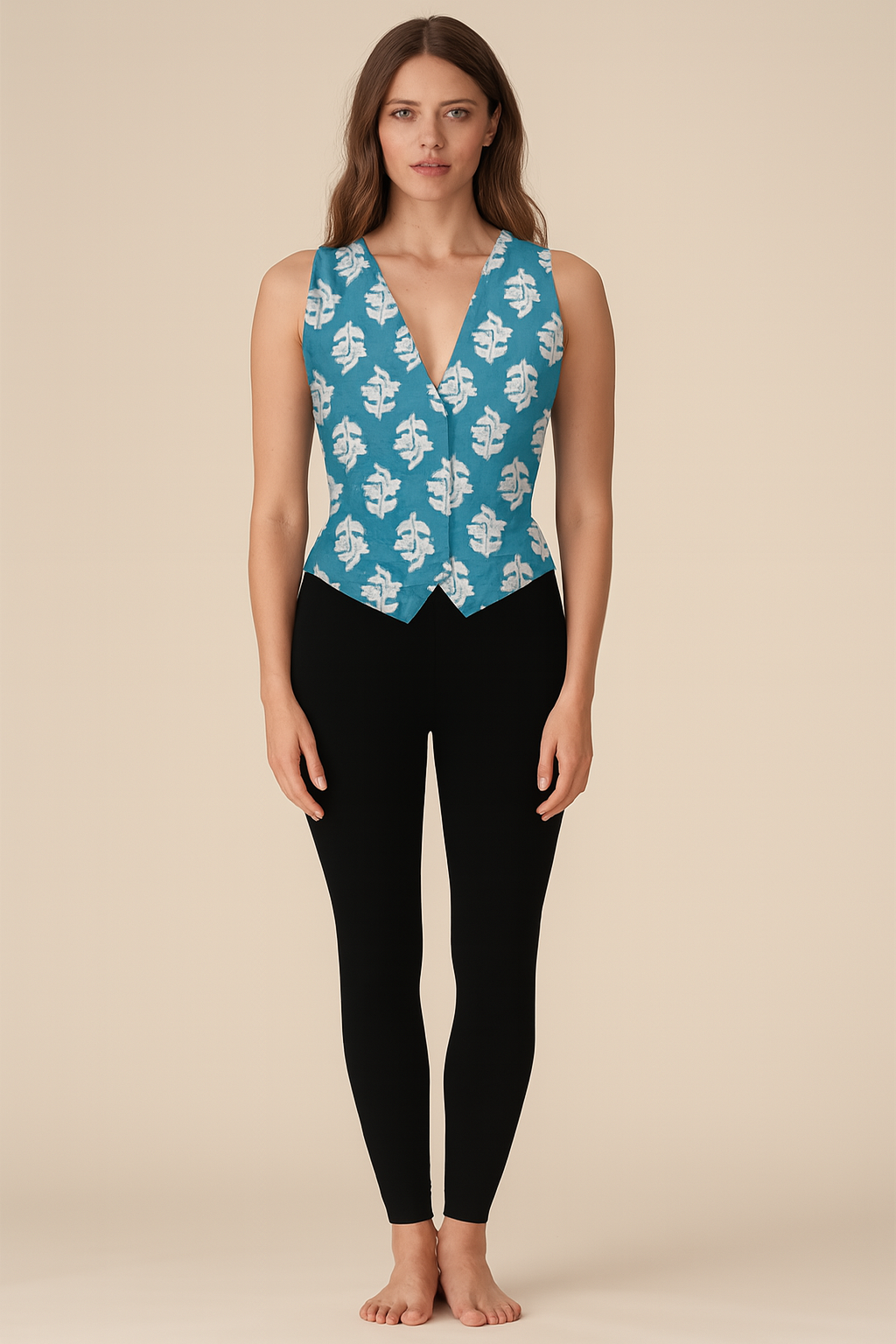 Tops | Vest | Plunging V | Cotton | Blue Block Print